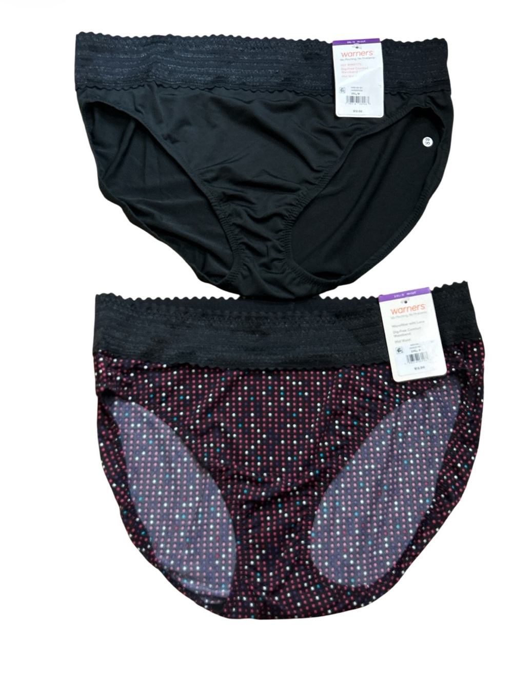 Two pairs of NWT Warner's Panties Black & Polka Dot Plus Size 2XL (Size 9)
